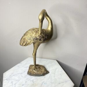Crane Bird Statue Golden Resin 15” Coastal Shelf Styling